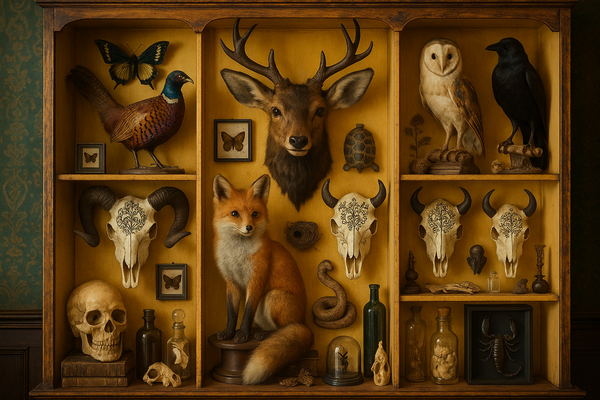 An oddity collection display with taxidermy mounts and animal skulls and oddities